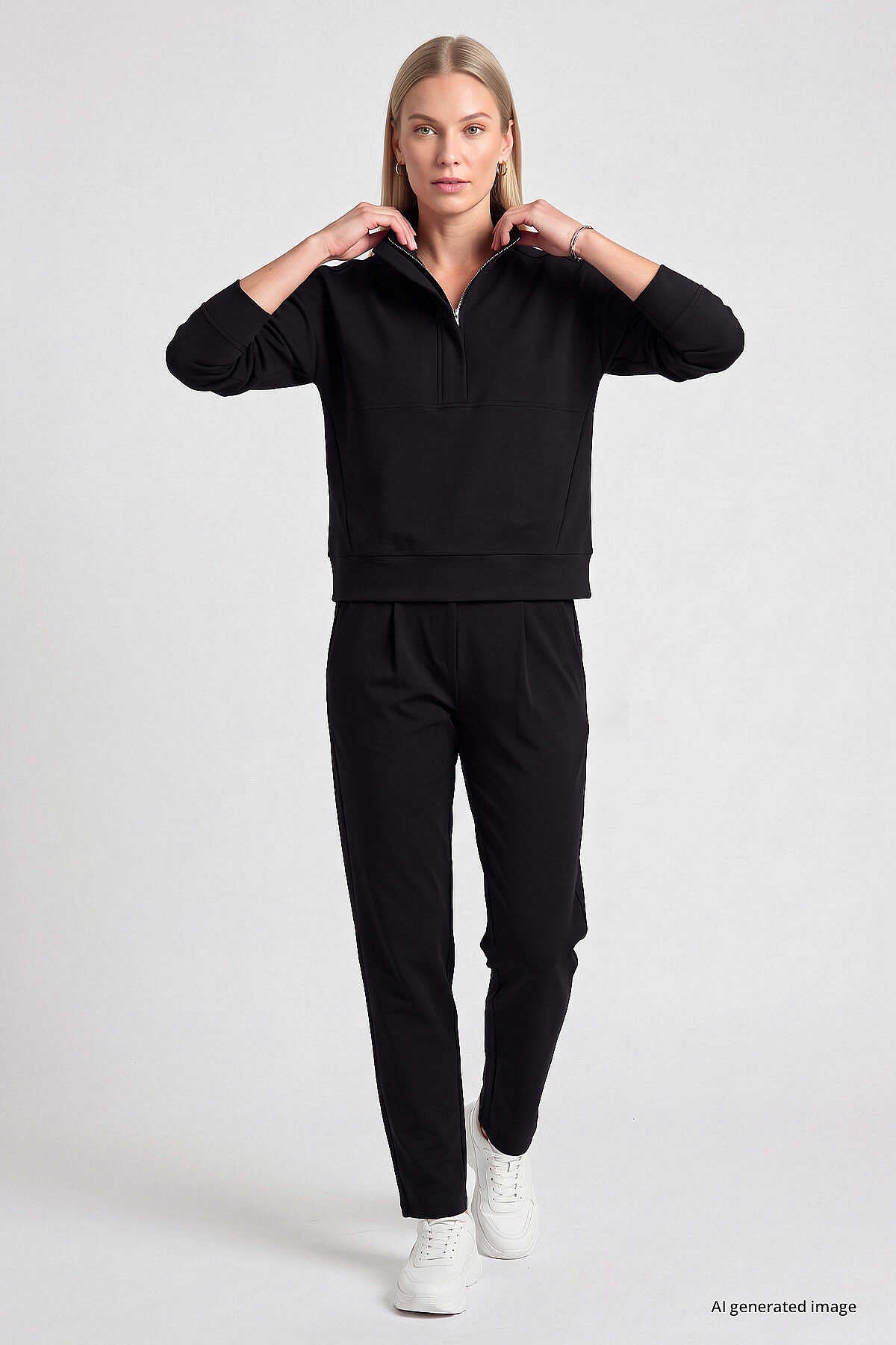 Hanorac de damă Tommylife Wholesale, negru, cu guler înalt și fermoar, croială relaxată - 97314