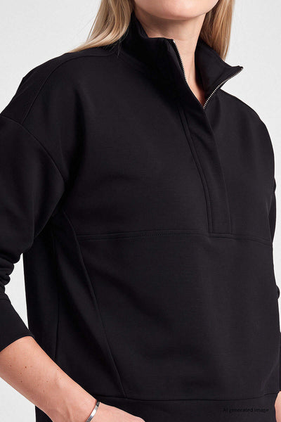 Hanorac de damă Tommylife Wholesale, negru, cu guler înalt și fermoar, croială relaxată - 97314
