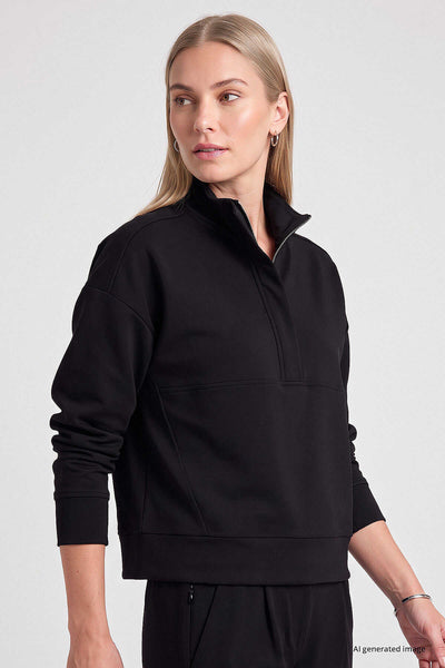 Hanorac de damă Tommylife Wholesale, negru, cu guler înalt și fermoar, croială relaxată - 97314