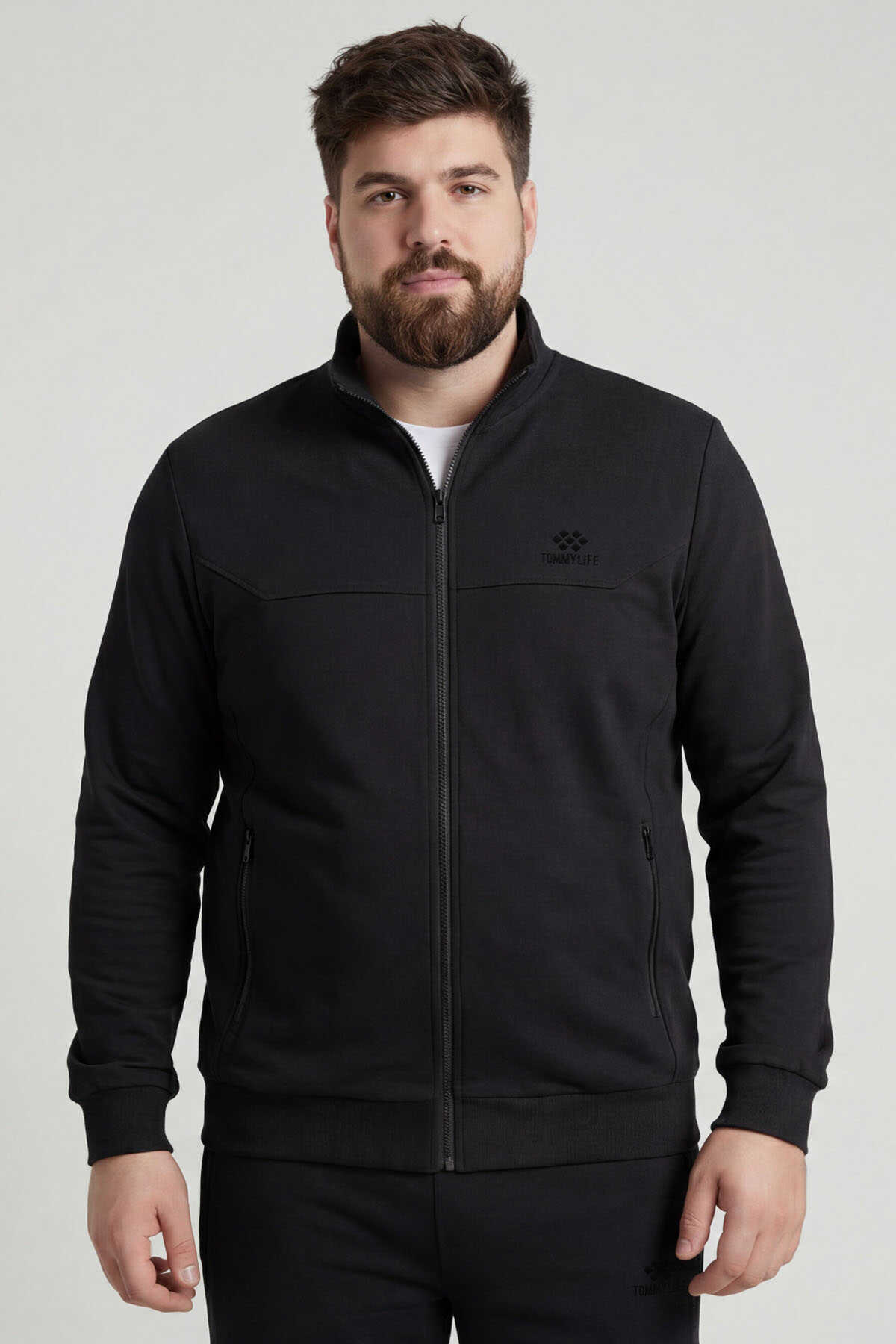 Tommylife Toptan Siyah Dik Yaka Klasik Paça Büyük Beden Erkek Eşofman Takım - 85176