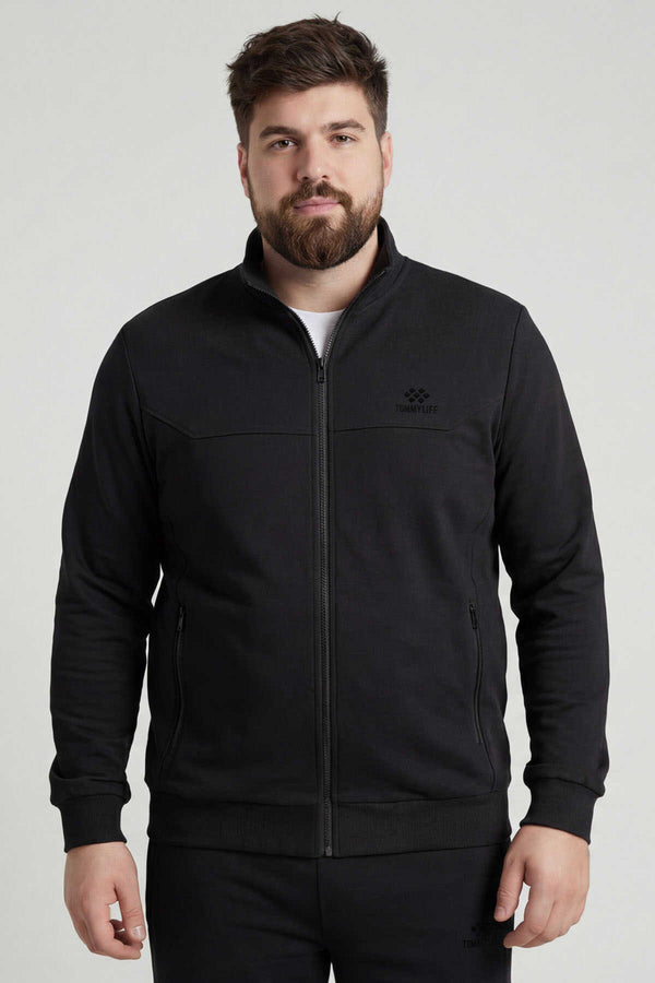 Tommylife Toptan Siyah Dik Yaka Klasik Paça Büyük Beden Erkek Eşofman Takım - 85176