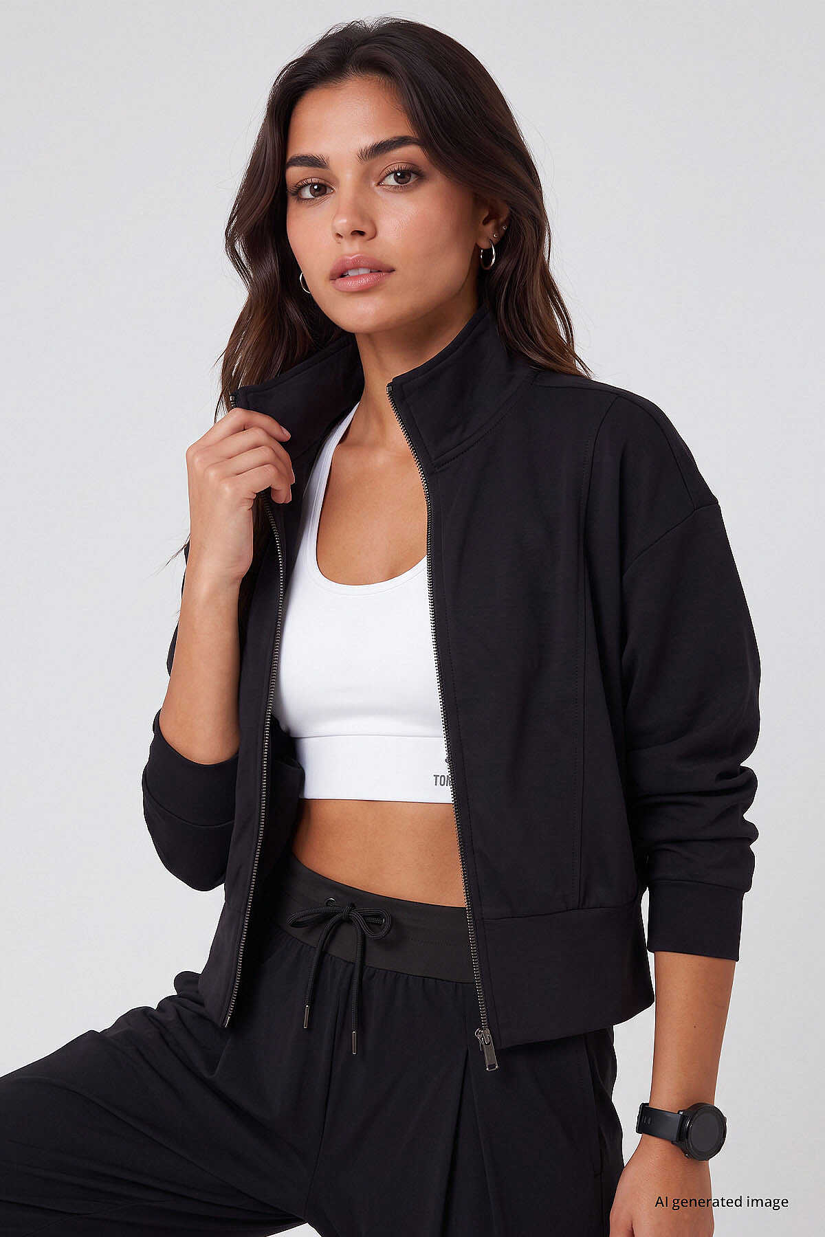 Tommylife Toptan Siyah Dik Yaka Standart Kalıp Crop Kadın Sweatshirt - 97317