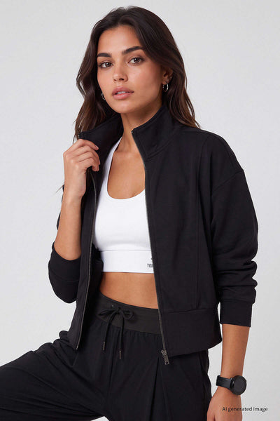 Tommylife Toptan Siyah Dik Yaka Standart Kalıp Crop Kadın Sweatshirt - 97317