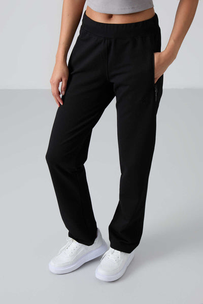 Pantaloni de trening negri pentru femei Tommylife Wholesale cu buzunare cu fermoar, croială confortabilă, model clasic pe picior - 94195