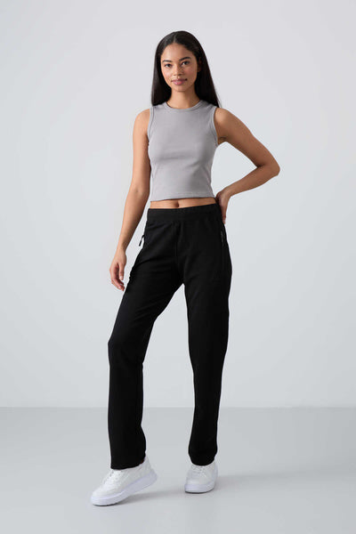 Pantaloni de trening negri pentru femei Tommylife Wholesale cu buzunare cu fermoar, croială confortabilă, model clasic pe picior - 94195