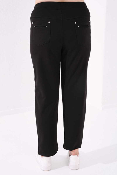 Pantaloni de trening negri cu tiv clasic și detalii cu pietre, Tommylife Wholesale, mărime mare, pentru femei - 94040