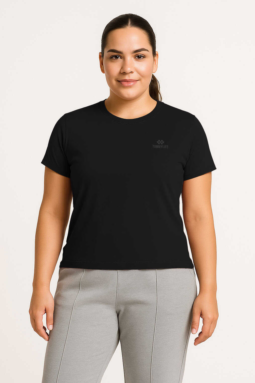 Tommylife Toptan Siyah O Yaka Basic Battal Büyük Beden Kadın T-Shirt - 97308