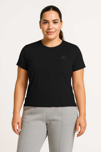Tommylife Toptan Siyah O Yaka Basic Battal Büyük Beden Kadın T-Shirt - 97308
