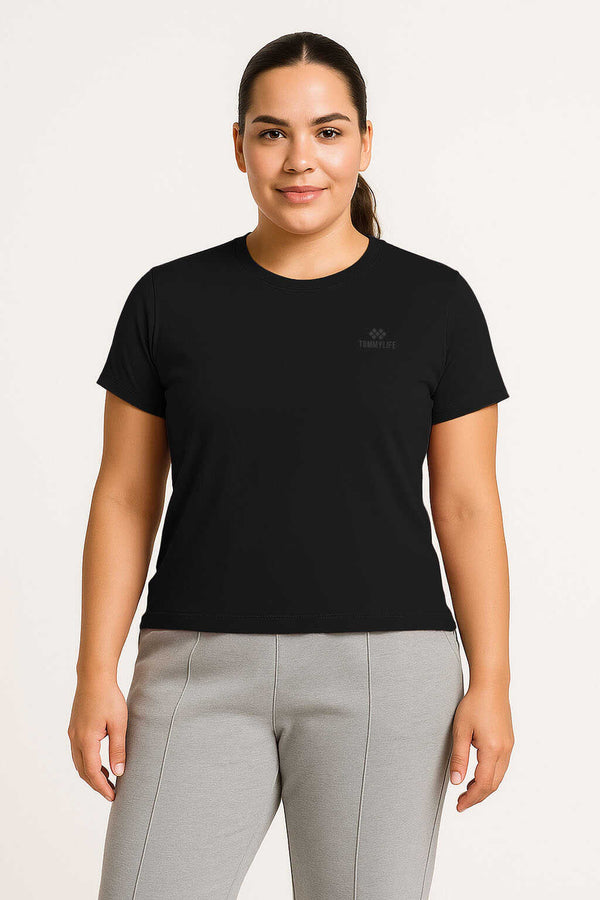 Tommylife Toptan Siyah O Yaka Basic Battal Büyük Beden Kadın T-Shirt - 97308