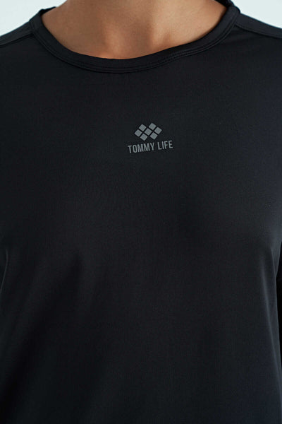 Tommylife Toptan Siyah O Yaka Baskı Detaylı Oversize Kısa Kol Kadın T-Shirt - 97263