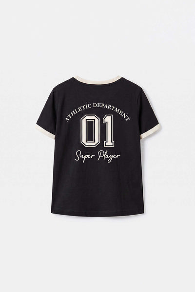 Tommylife Wholesale Black Girls' T-Shirt with Shoulder Trim and Print - 75181
