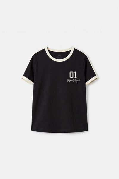 Tommylife Wholesale Black Girls' T-Shirt with Shoulder Trim and Print - 75181