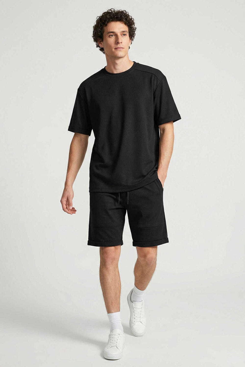 Tommylife Toptan Siyah Oversize Fit Yumuşak Dokulu Basic Erkek Şort Takım - 85274