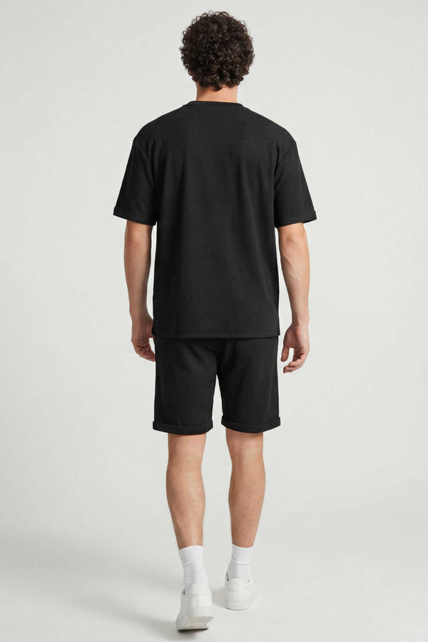 Tommylife Toptan Siyah Oversize Fit Yumuşak Dokulu Basic Erkek Şort Takım - 85274