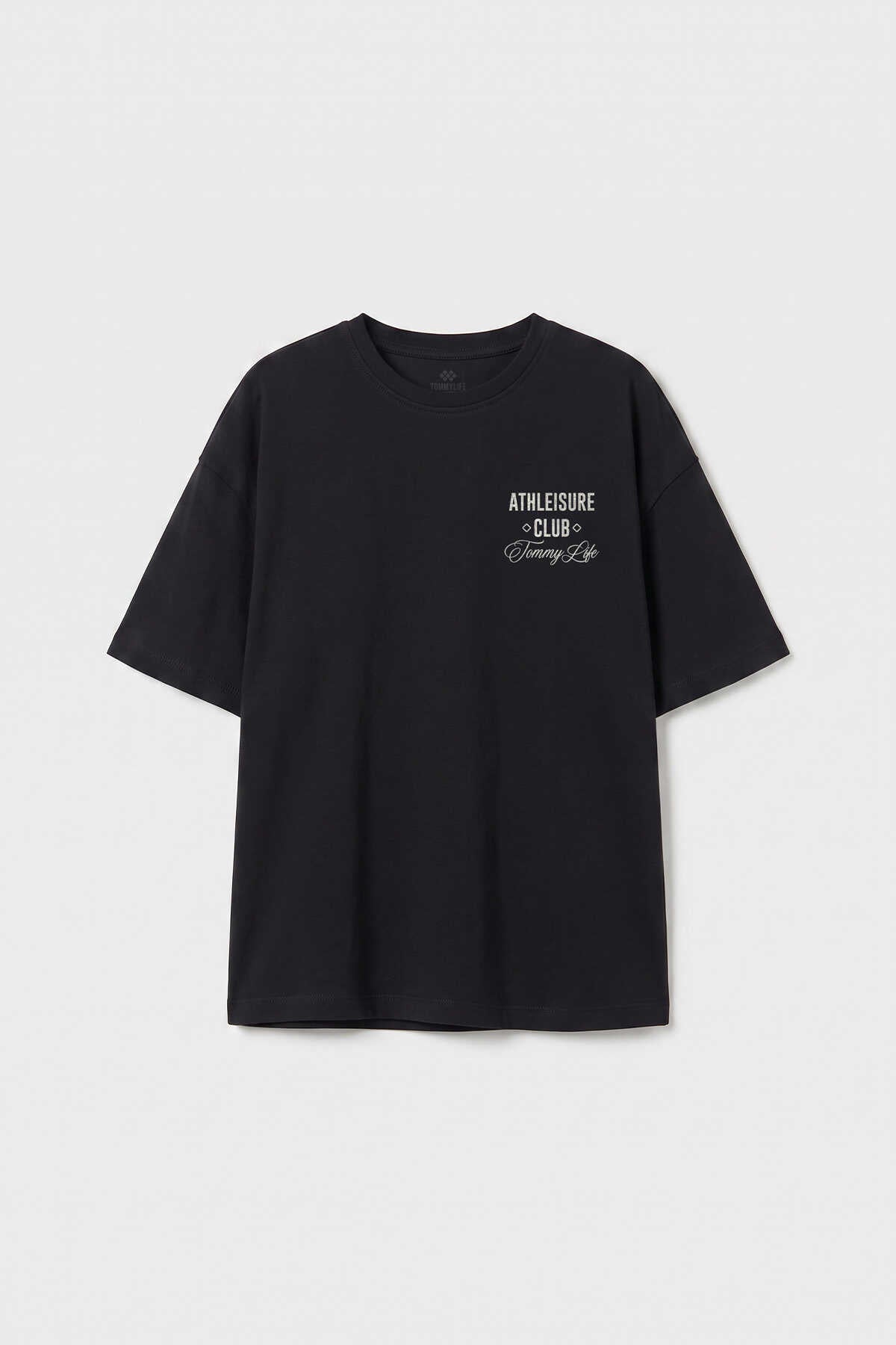 Tricou negru supradimensionat cu mânecă scurtă și imprimeu pentru fete, Tommylife, en-gros - 75175