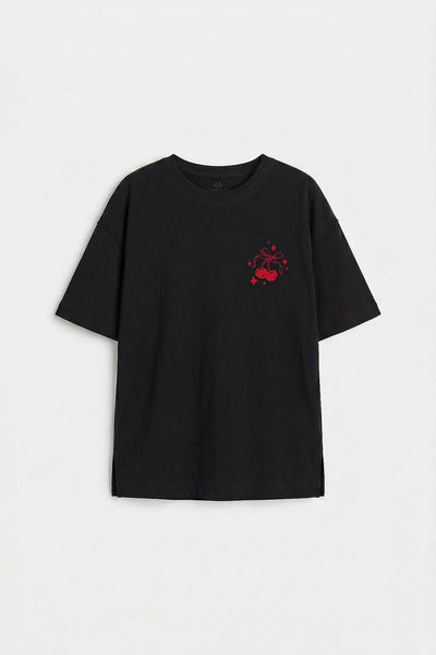 Tommylife Toptan Siyah Oversize Kısa Kollu Baskılı Kız Çocuk T-Shirt - 75176