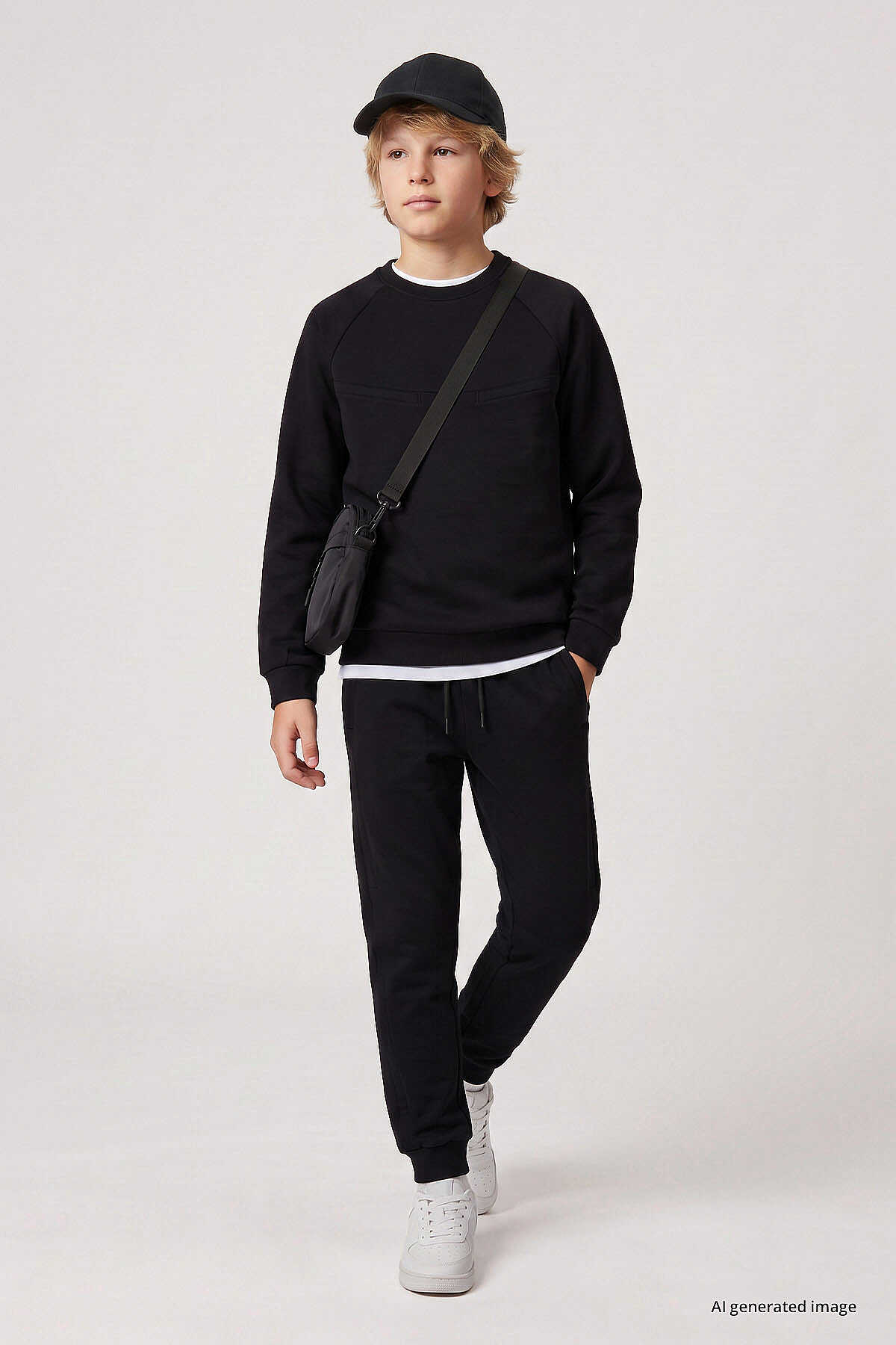 Tommylife Toptan Siyah Standart Fit Basic Dikiş Detaylı Erkek Çocuk Eşofman Takım - 11325