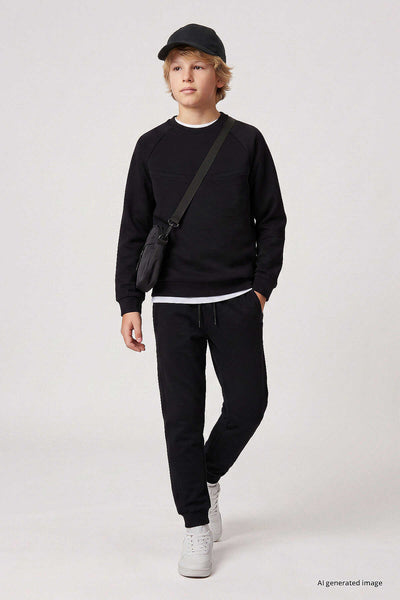 Tommylife Wholesale Black Standard Fit Basic Stitching Detail Boys' Tracksuit Set - 11325