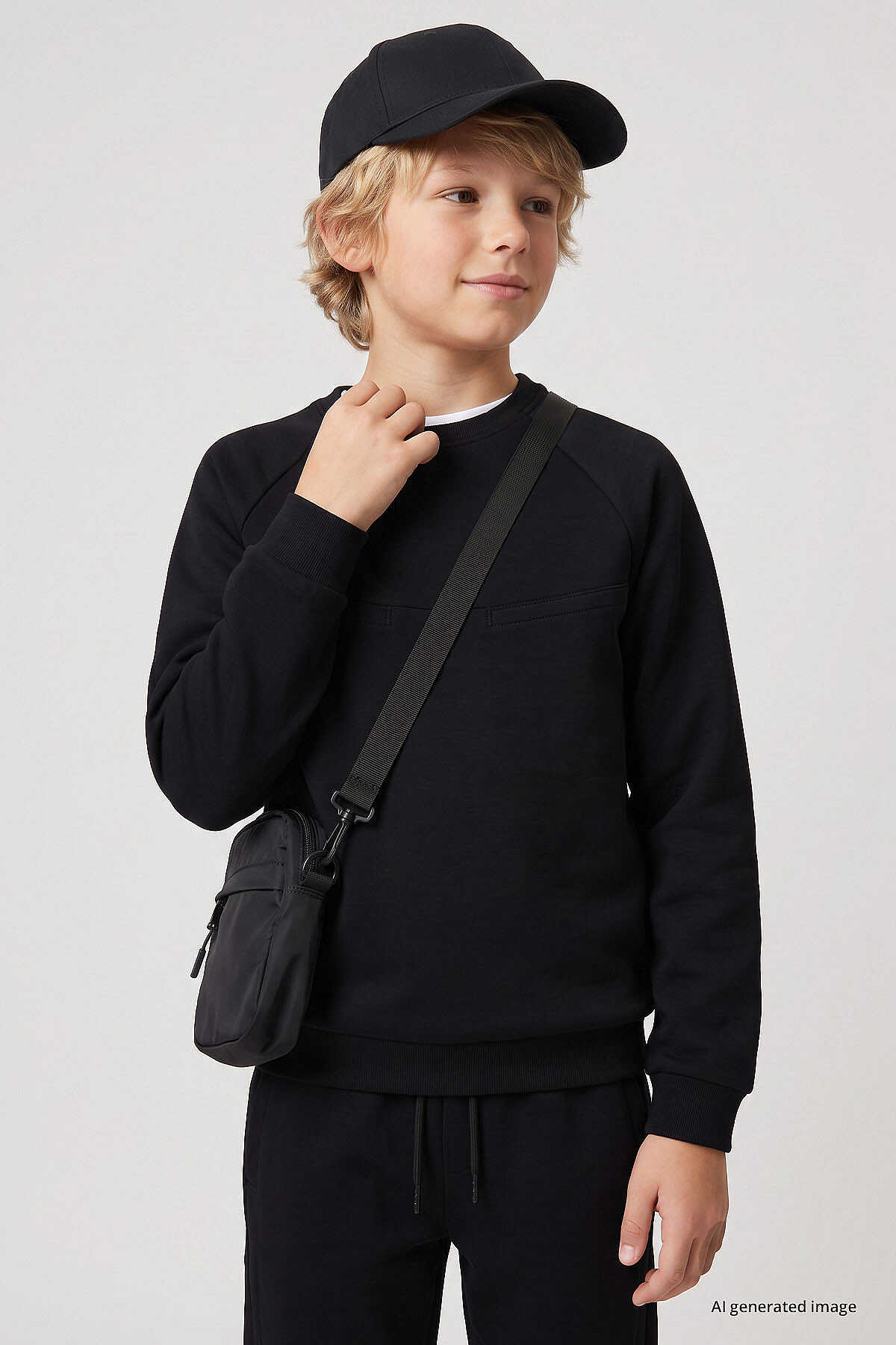 Tommylife Toptan Siyah Standart Fit Basic Dikiş Detaylı Erkek Çocuk Eşofman Takım - 11325