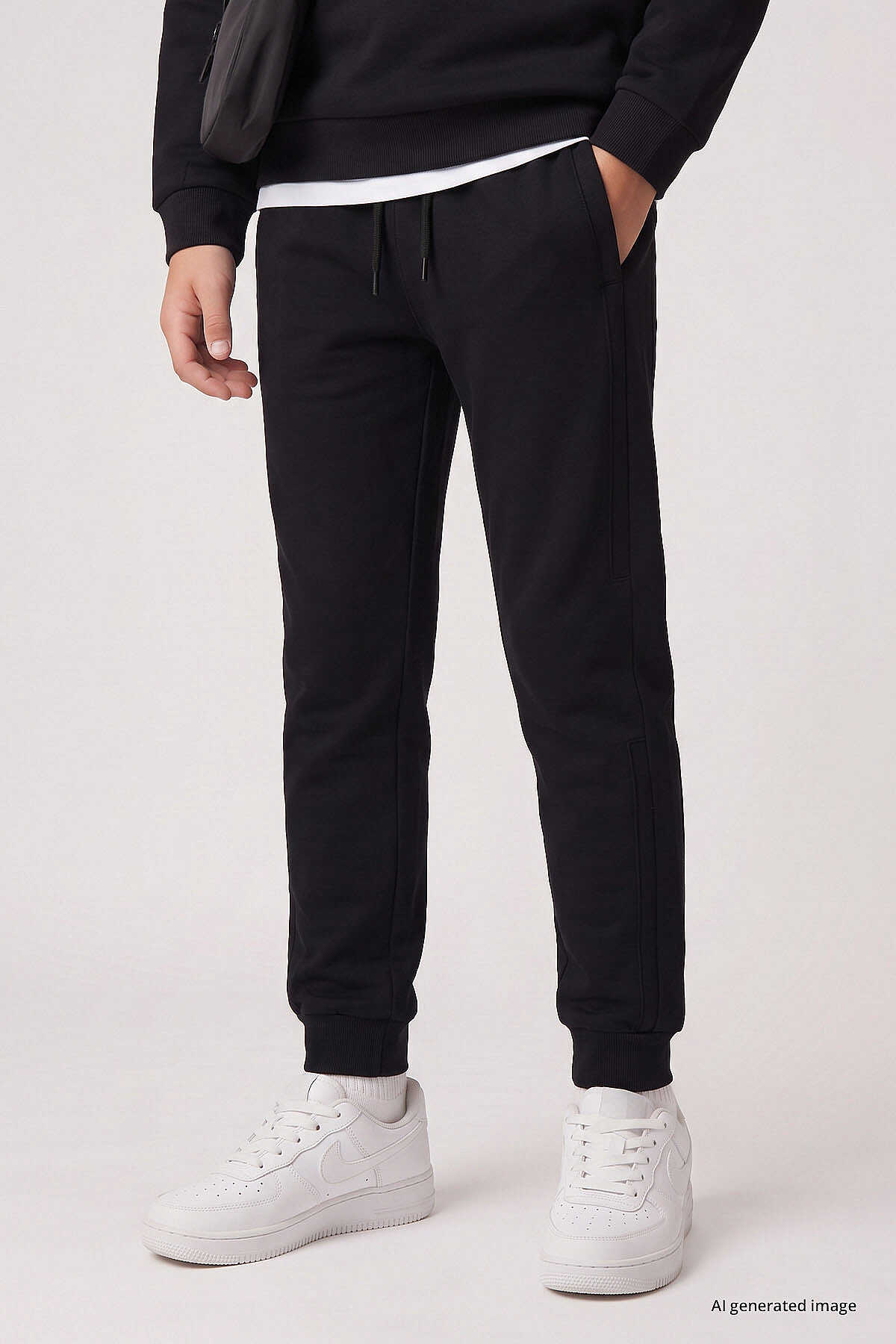 Tommylife Toptan Siyah Standart Fit Basic Dikiş Detaylı Erkek Çocuk Eşofman Takım - 11325