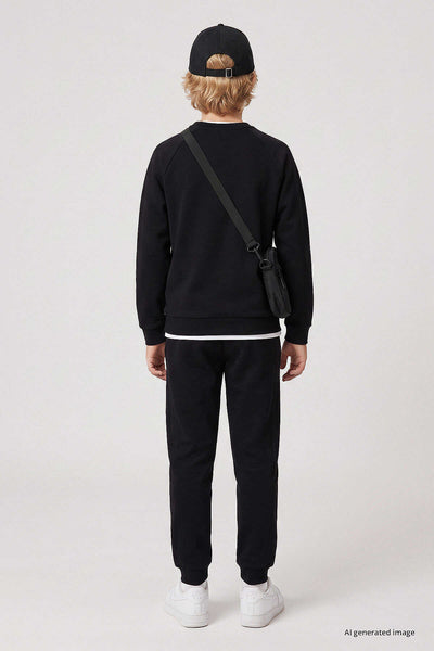 Tommylife Toptan Siyah Standart Fit Basic Dikiş Detaylı Erkek Çocuk Eşofman Takım - 11325