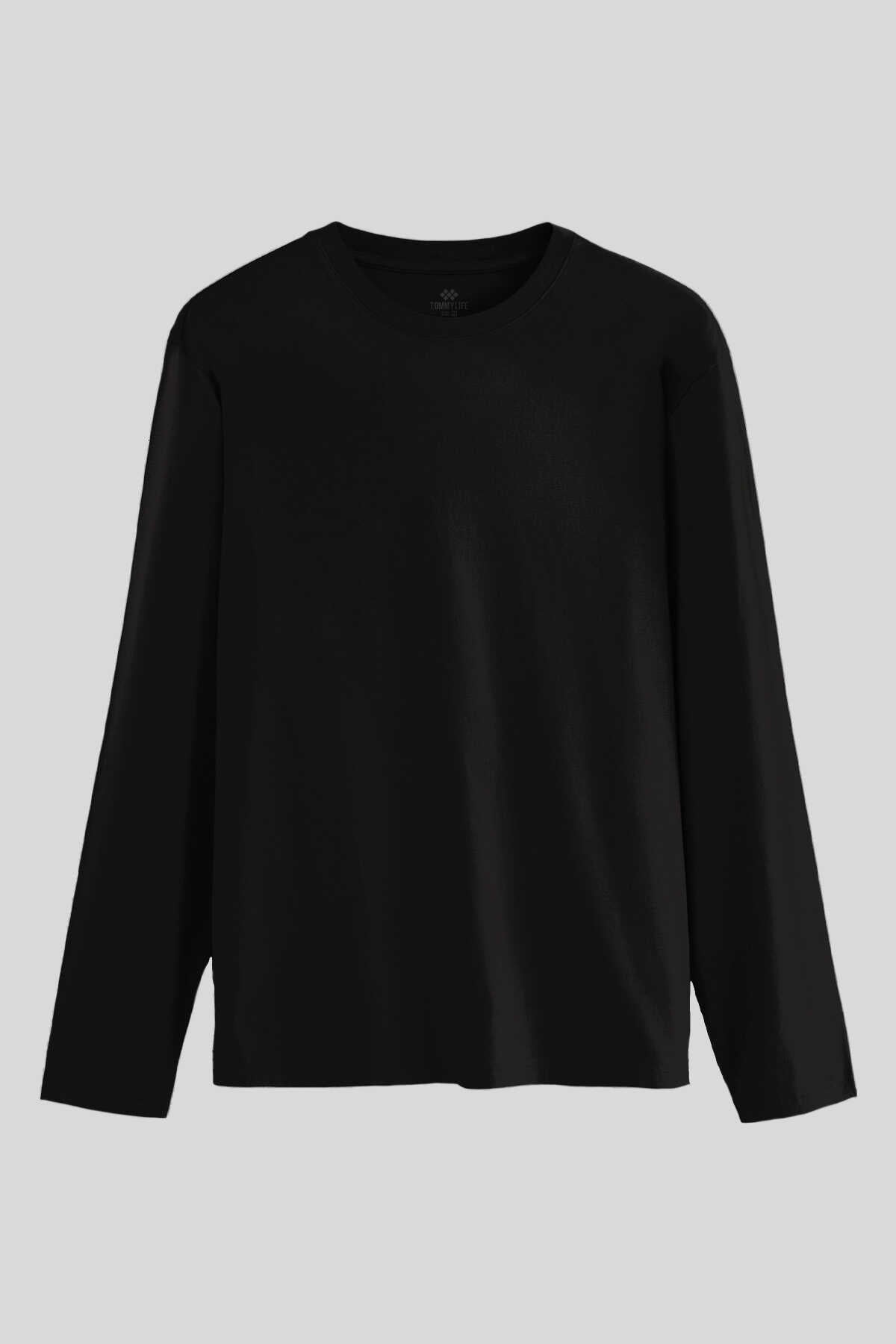 Tommylife Wholesale Black Standard Fit Basic Crew Neck Long Sleeve Slim Fit Men's T-Shirt - 87997