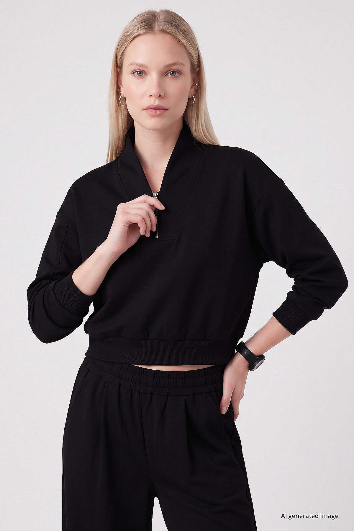 Tommylife Toptan Siyah Standart Kalıp Crop Geniş Paça Kadın Eşofman Takım - 95359