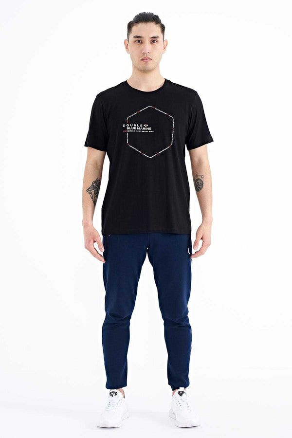 Tommylife Toptan Siyah Yazı Geometri Baskılı Standart Kalıp Erkek T-Shirt - 88198