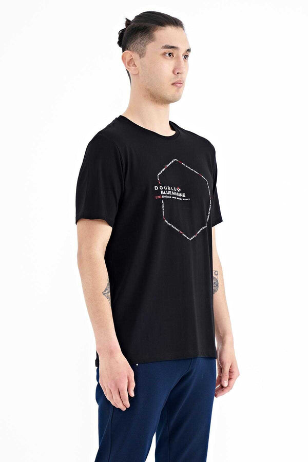 Tommylife Toptan Siyah Yazı Geometri Baskılı Standart Kalıp Erkek T-Shirt - 88198