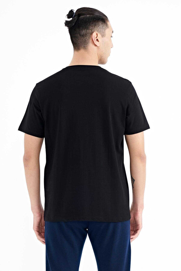 Tommylife Toptan Siyah Yazı Geometri Baskılı Standart Kalıp Erkek T-Shirt - 88198