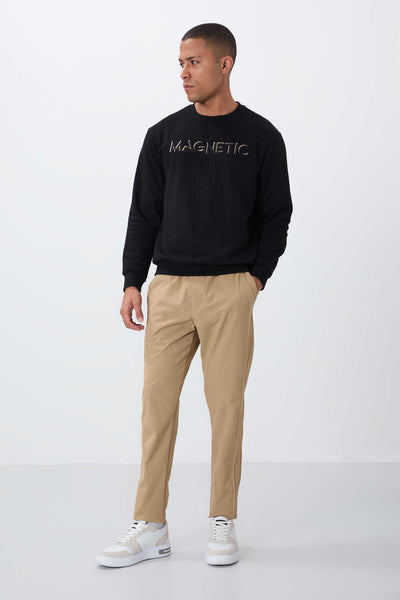 Hanorac bărbătesc Tommylife Wholesale, negru, cu guler rotund, croială casual, brodat - 88020