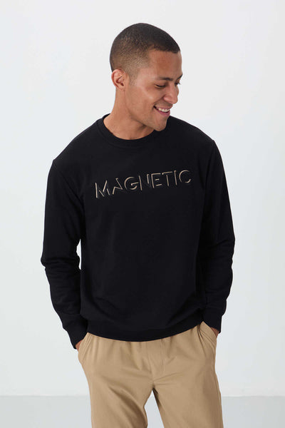 Tommylife Toptan Siyah Yazı Nakışlı O Yaka Rahat Form Erkek Sweatshirt - 88020
