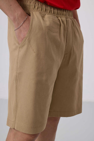 Tommylife Toptan Standart Fit Dokuma Hafif Esnek Chino Şort 81290 Koyu Bej