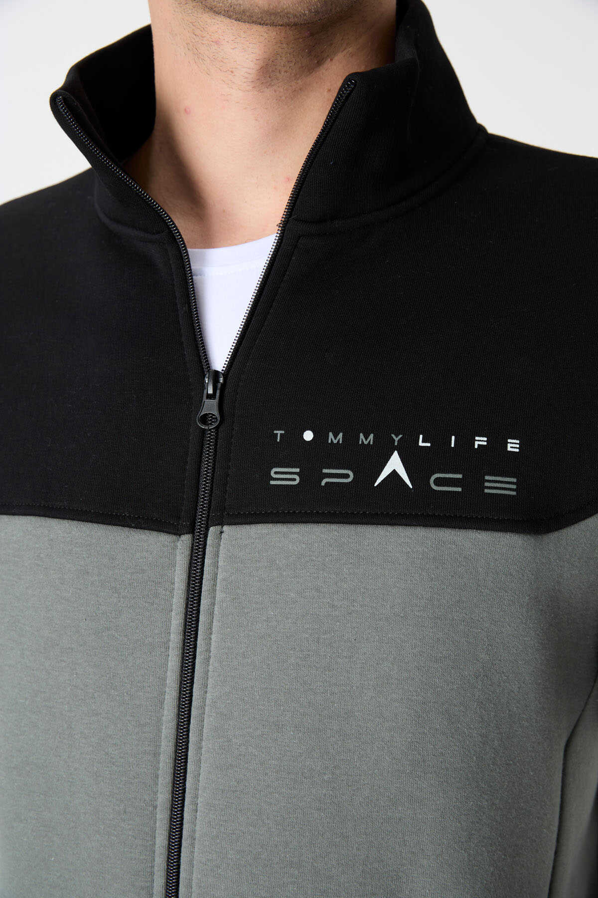 Tommylife Toptan Standart Kalıp Fermuarlı Sweat Erkek Eşofman Takım 85186 Çağla - Siyah