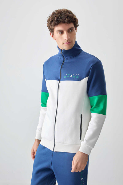 Tommylife Toptan Standart Kalıp Fermuarlı Sweat Erkek Eşofman Takım 85186 Ekru - İndigo