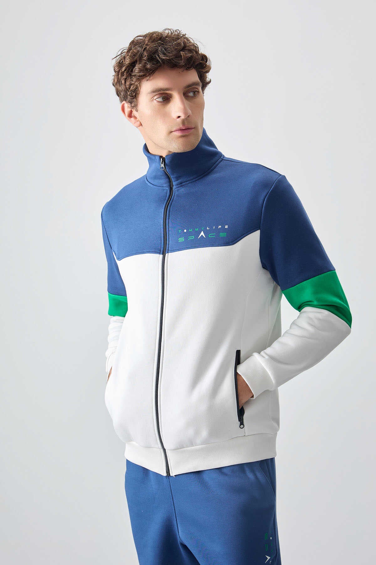 Tommylife Toptan Standart Kalıp Fermuarlı Sweat Erkek Eşofman Takım 85186 Ekru - İndigo