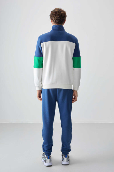 Tommylife Toptan Standart Kalıp Fermuarlı Sweat Erkek Eşofman Takım 85186 Ekru - İndigo