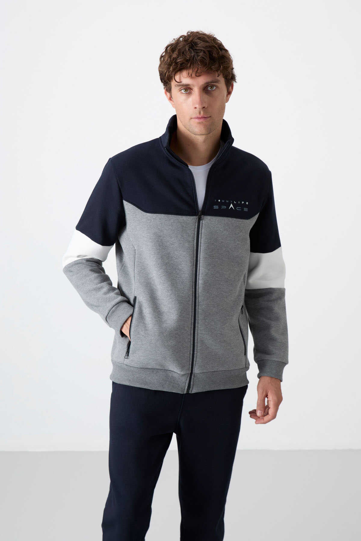 Tommylife Wholesale Hanorac cu Fermoar Standard Fit pentru Bărbați, Set Trening 85186 Gri Melange - Albastru Bleumarin