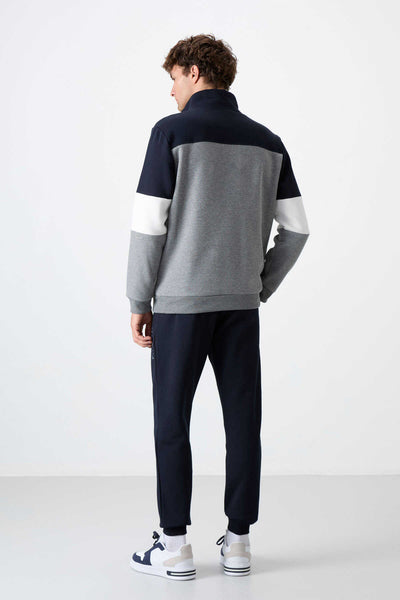 Tommylife Toptan Standart Kalıp Fermuarlı Sweat Erkek Eşofman Takım 85186 Gri Melanj - Lacivert