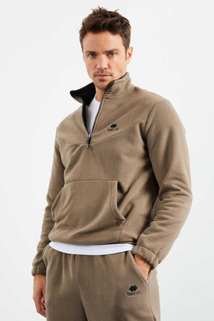 Tommylife Toptan Standart Kalıp Yarım Fermuar Polar Erkek Eşofman Takımı 85159 Camel