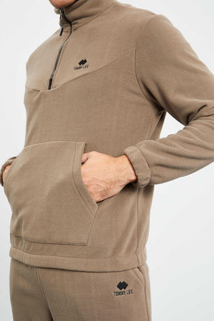 Tommylife Toptan Standart Kalıp Yarım Fermuar Polar Erkek Eşofman Takımı 85159 Camel