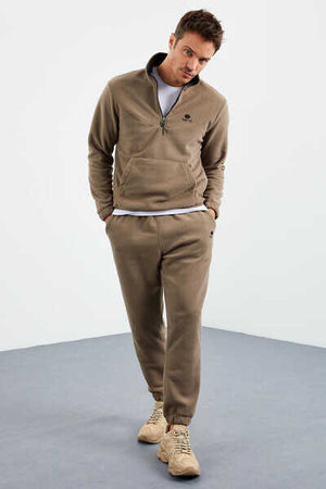 Tommylife Toptan Standart Kalıp Yarım Fermuar Polar Erkek Eşofman Takımı 85159 Camel