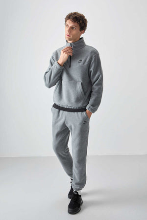 Tommylife Toptan Standart Kalıp Yarım Fermuar Polar Erkek Eşofman Takımı 85159 Gri Melanj