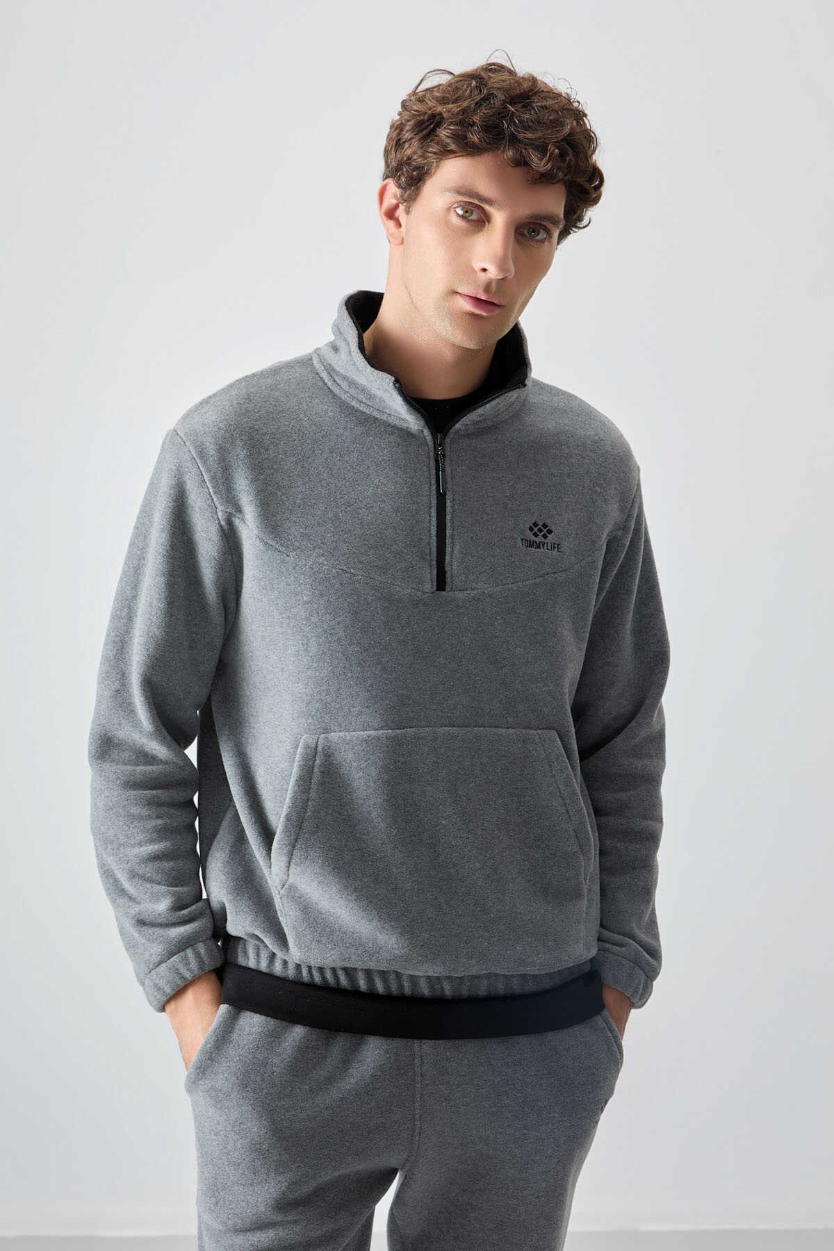 Tommylife Toptan Standart Kalıp Yarım Fermuar Polar Erkek Eşofman Takımı 85159 Gri Melanj