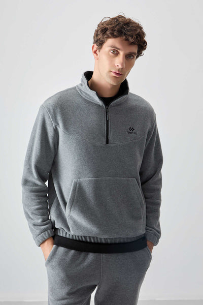 Set trening pentru bărbați din fleece cu fermoar pe jumătate, croială standard, Tommylife Wholesale, 85159, gri melanj