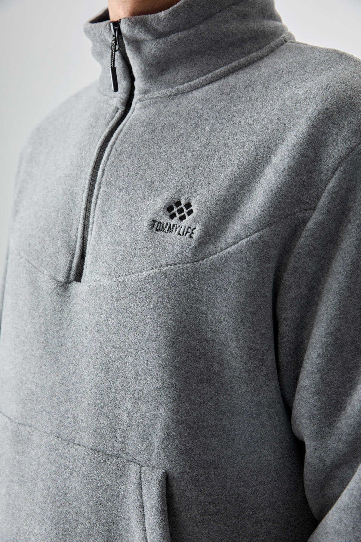 Tommylife Toptan Standart Kalıp Yarım Fermuar Polar Erkek Eşofman Takımı 85159 Gri Melanj