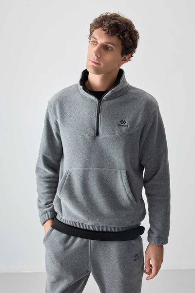 Set trening pentru bărbați din fleece cu fermoar pe jumătate, croială standard, Tommylife Wholesale, 85159, gri melanj