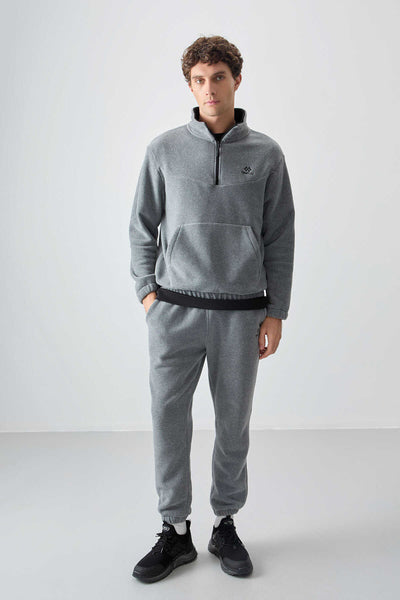Set trening pentru bărbați din fleece cu fermoar pe jumătate, croială standard, Tommylife Wholesale, 85159, gri melanj