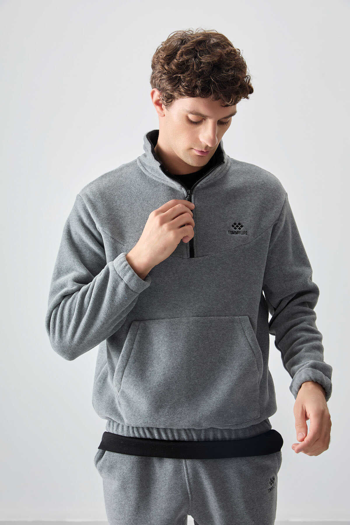 Set trening pentru bărbați din fleece cu fermoar pe jumătate, croială standard, Tommylife Wholesale, 85159, gri melanj