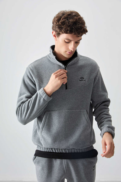 Set trening pentru bărbați din fleece cu fermoar pe jumătate, croială standard, Tommylife Wholesale, 85159, gri melanj